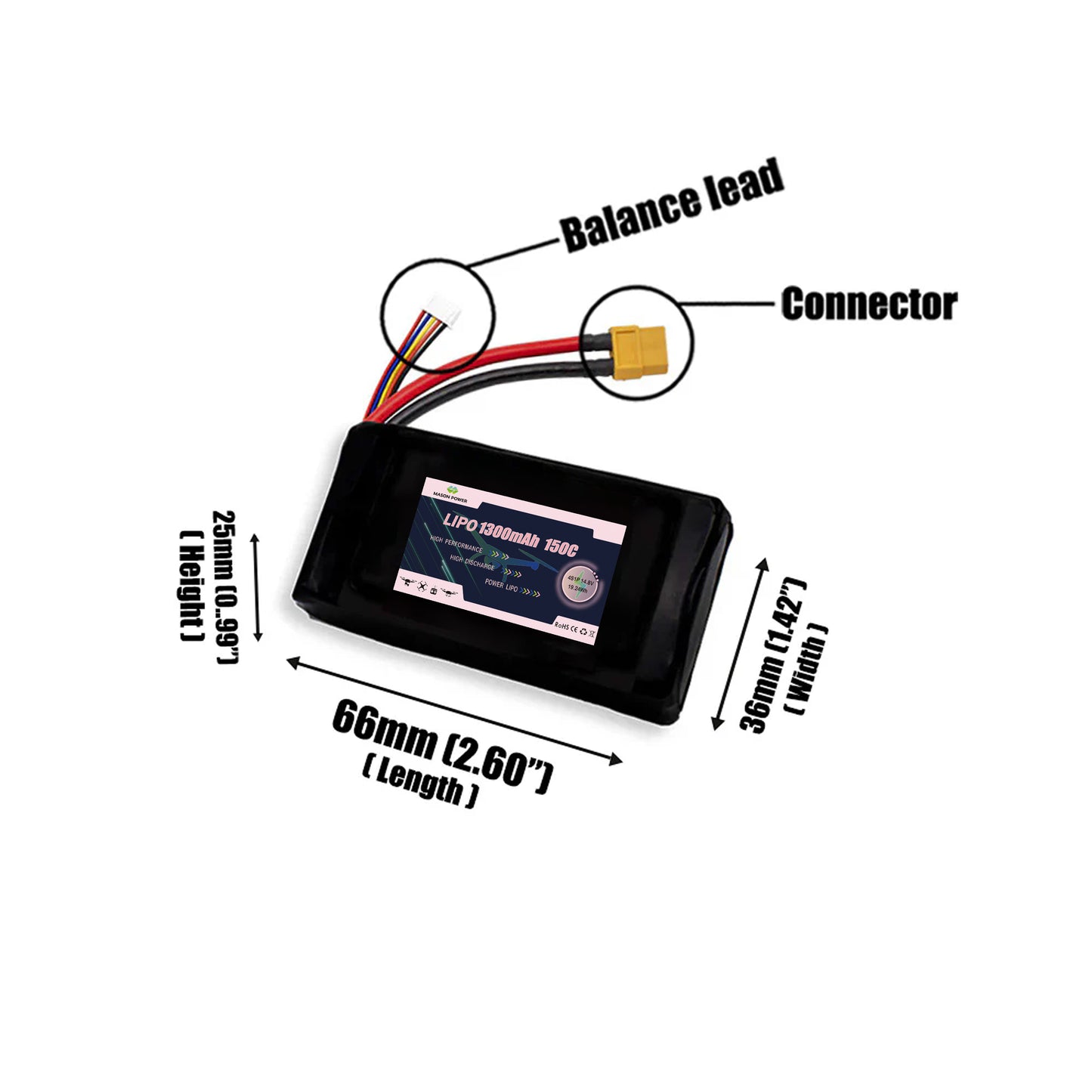 14.8V 150C 4S 1300mAh 4S1P Lipo Battey Pack For Race FPV Drone