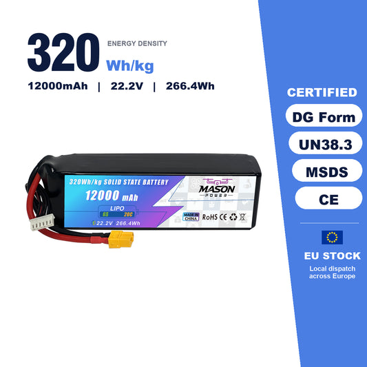 MASON POWER 320Wh/kg Semi Solid State Battery Pack 22.2V 20C 12000mAh – Built for High Power UAV & eVTOL