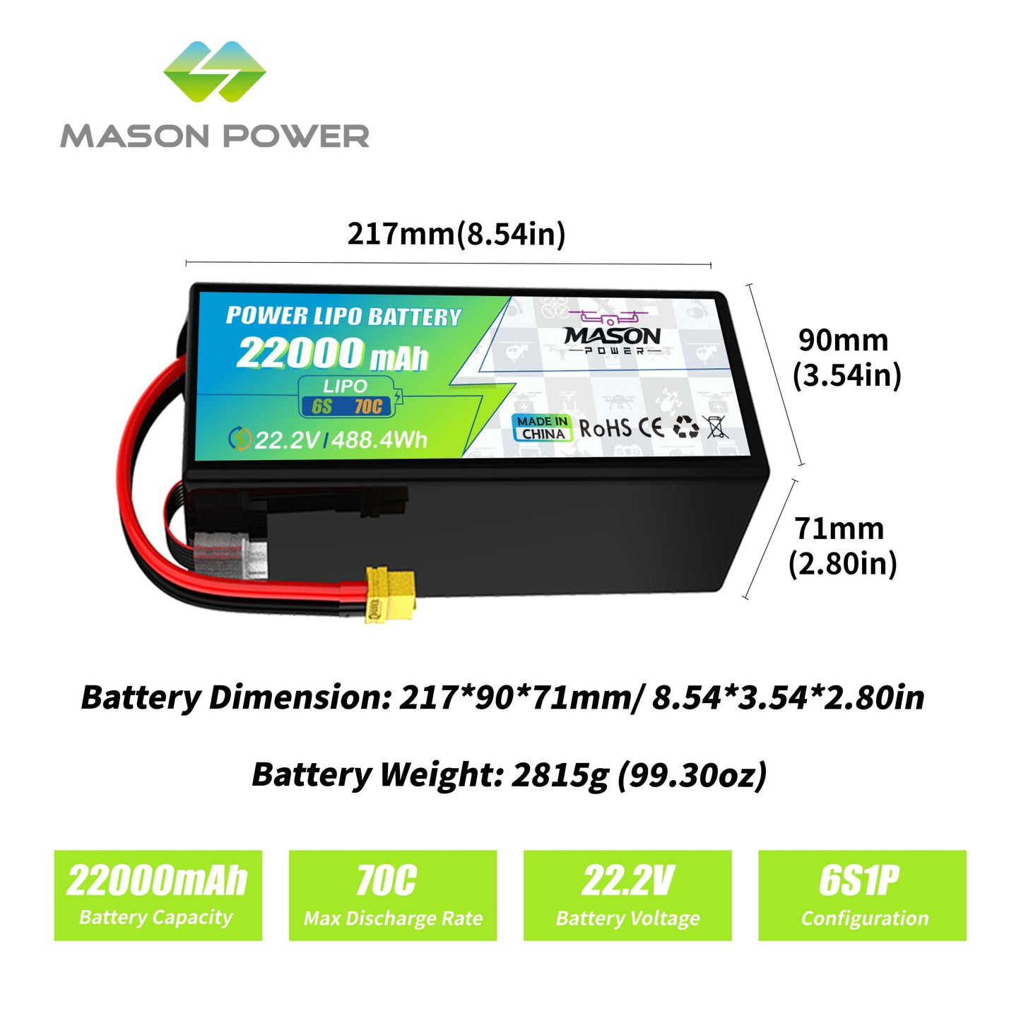 MASON POWER 22.2V High Discharge Drone Battery Series – 50C-120C LiPo Battery 5200mAh-22000mAh with XT60 XT90S QS8 Connector