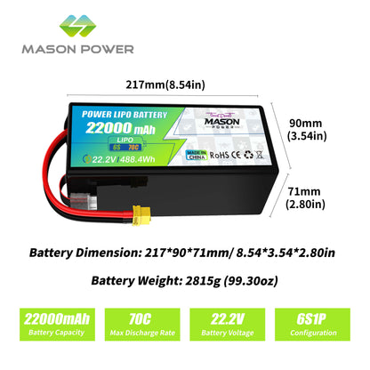 MASON POWER 22.2V High Discharge Drone Battery Series – 50C-120C LiPo Battery 5200mAh-22000mAh with XT60 XT90S QS8 Connector