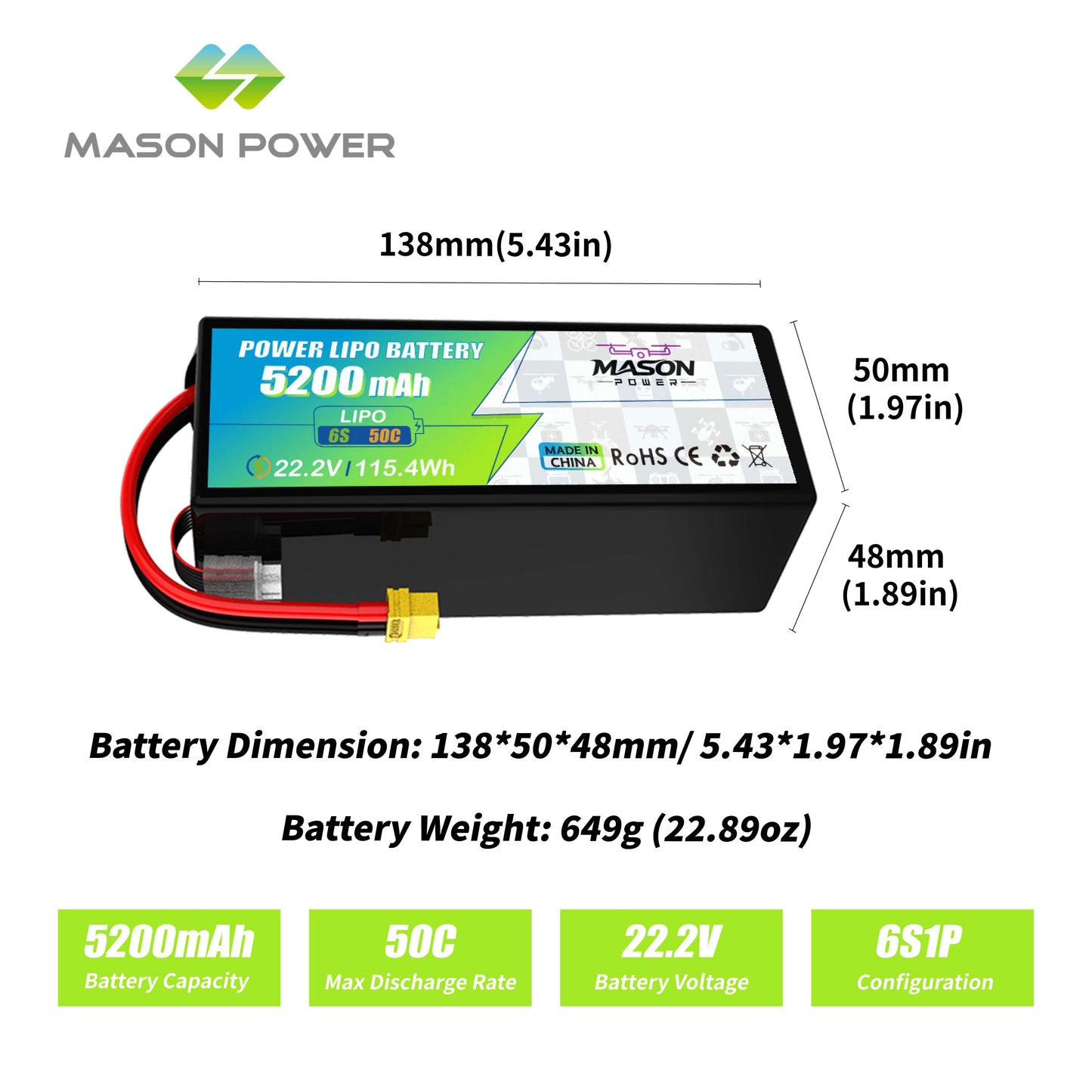 MASON POWER 22.2V High Discharge Drone Battery Series – 50C-120C LiPo Battery 5200mAh-22000mAh with XT60 XT90S QS8 Connector