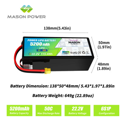 MASON POWER 22.2V High Discharge Drone Battery Series – 50C-120C LiPo Battery 5200mAh-22000mAh with XT60 XT90S QS8 Connector