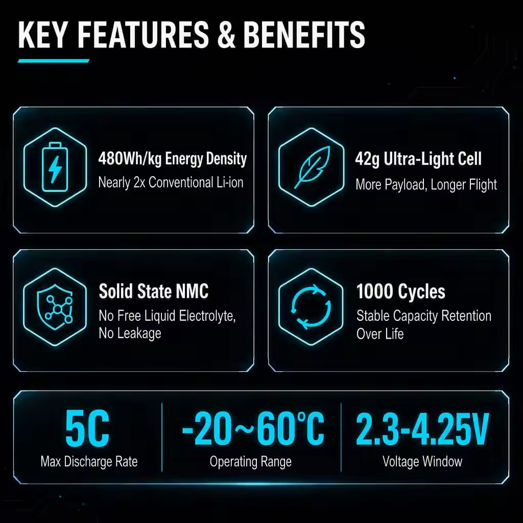 Mason Power 480Wh/kg Solid State Lithium Ion Cell 16Ah 3C Continuous Discharge for Custom Drone Battery Packs