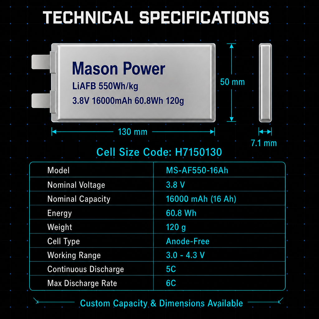 Mason Power 550Wh/kg Anode Free Cell 3.8V 16Ah 120g Ultra Light 5C/6C Samples Available for FPV Freestyle and Long Range Drones