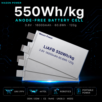 Mason Power 550Wh/kg Anode Free Cell 3.8V 16Ah 120g Ultra Light 5C/6C Samples Available for FPV Freestyle and Long Range Drones