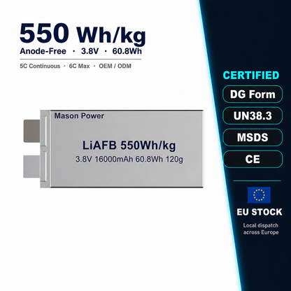 Mason Power 550Wh/kg Anode Free Cell 3.8V 16Ah 120g Ultra Light 5C/6C Samples Available for FPV Freestyle and Long Range Drones