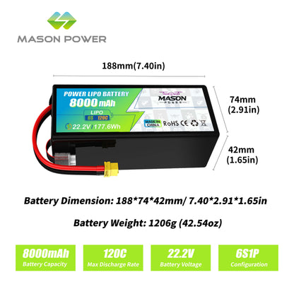 MASON POWER 22.2V High Discharge Drone Battery Series – 50C-120C LiPo Battery 5200mAh-22000mAh with XT60 XT90S QS8 Connector